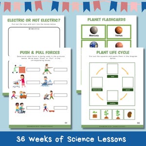 May include: A printable worksheet for children to learn about science. The worksheet has three sections: Electric or Not Electric, Push & Pull Forces, and Plant Life Cycle. The Electric or Not Electric section has a picture of a toy car, a toy train, and a toy robot. The Push & Pull Forces section has pictures of people pushing and pulling objects. The Plant Life Cycle section has pictures of a seed, a sprout, a seedling, and a mature plant.