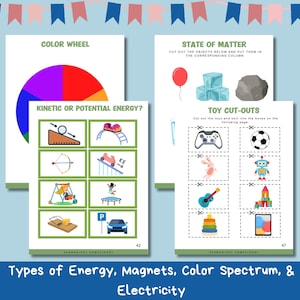 May include: A printable worksheet with activities for children to learn about colour wheels, states of matter, kinetic and potential energy, and toy cut-outs. The worksheet has colourful illustrations and clear instructions.