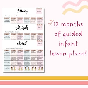 Pu&ograve; includere: Un grafico stampabile con piani di lezione per neonati, organizzati per mese e settimana. Il grafico presenta temi come San Valentino, Meraviglie del Tempo e Musica e Strumenti. Ogni tema include attivit&agrave; per lo sviluppo del linguaggio, le capacit&agrave; motorie, il gioco sensoriale e i segni per i bambini.