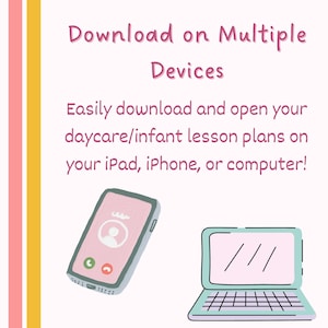 Pu&ograve; includere: Illustrazione di uno smartphone e un computer portatile con il testo "Scarica su pi&ugrave; dispositivi" e "Scarica e apri facilmente i tuoi piani di lezione per l'asilo nido / neonati sul tuo iPad, iPhone o computer!"