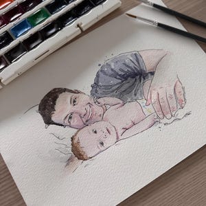 Ritratto personalizzato ad acquerello per la festa del papà – Illustrazione dipinta a mano di papà e figlio da foto – Regalo personalizzato unico per lui
