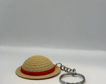 May include: A keychain featuring a miniature straw hat with a red band. The hat has a textured, woven appearance and is attached to a silver-colored chain and keyring. The background is plain white.
