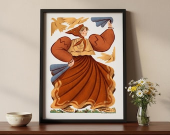 Lámina artística de bailarina folclórica / Póster mate de 8.5 x 11 pulgadas / Ilustración de traje tradicional / Decoración de pared estilo boho