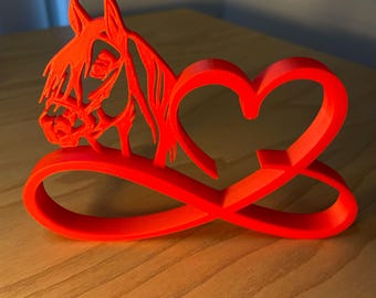 Figura de corazón infinito con caballo – Regalo para amantes de los caballos rojos impreso en 3D – Decoración ecuestre para el hogar