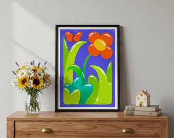 Lámina decorativa retro con flores y mariposas / Decoración de pared colorida y llamativa (póster mate de 8,5 x 11 pulgadas)