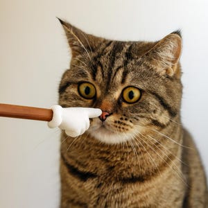 Könnte beinhalten: Nahaufnahme einer getigerten Katze mit großen gelben Augen, die von einer weiß behandschuhten Hand an der Nase berührt wird, die an einem Holzstab befestigt ist. Die Katze hat braune und schwarze Streifen.