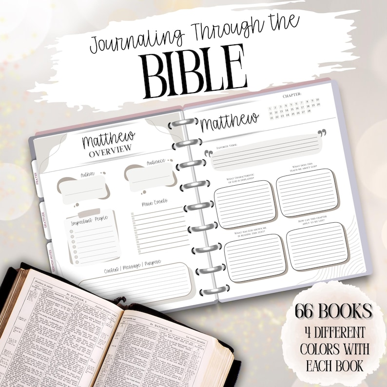 May include: An open journal with the text "Journaling Through the BIBLE" and "Matthew" on the cover. The journal is open to a page with prompts for notes. An open Bible is below the journal. The image also includes the text "66 BOOKS 4 DIFFERENT COLORS WITH EACH BOOK."