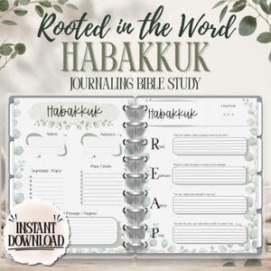 May include: A digital journaling Bible study planner for Habakkuk featuring a white background with sage green eucalyptus leaf accents. The pages include sections for author, audience, main events, and a REAP study method with lined writing spaces.
