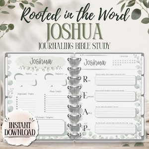 May include: A digital journaling Bible study planner for the book of Joshua, featuring a two-page layout with eucalyptus leaf accents. The text includes Rooted in the Word, Joshua, Journaling Bible Study, and REAP sections for reading and prayer.