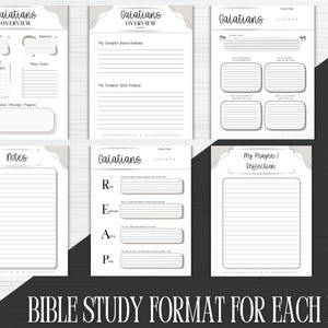 May include: A Bible study format for the book of Galatians, featuring six pages with different layouts. The pages include sections for overview, notes, and reflection, with the text "Galatians" and "Bible Study Format for Each Book" visible.