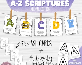 Karty z wersetami biblijnymi od A do Z ze zwierzętami: zapamiętywanie fragmentów Pisma Świętego i sztuka liter (pobieranie cyfrowe)