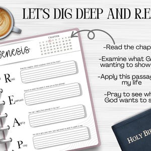 May include: A spiral-bound journal with the word "Genesis" and the acronym "R.E.A.P." is displayed. The journal is open to a page with lined sections for notes. A cup of coffee and a "Holy Bible" book are also visible.