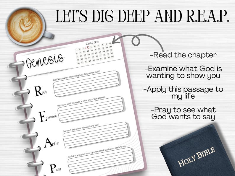 May include: A spiral-bound journal with the word "Genesis" and the acronym "R.E.A.P." is displayed. The journal is open to a page with lined sections for notes. A cup of coffee and a "Holy Bible" book are also visible.