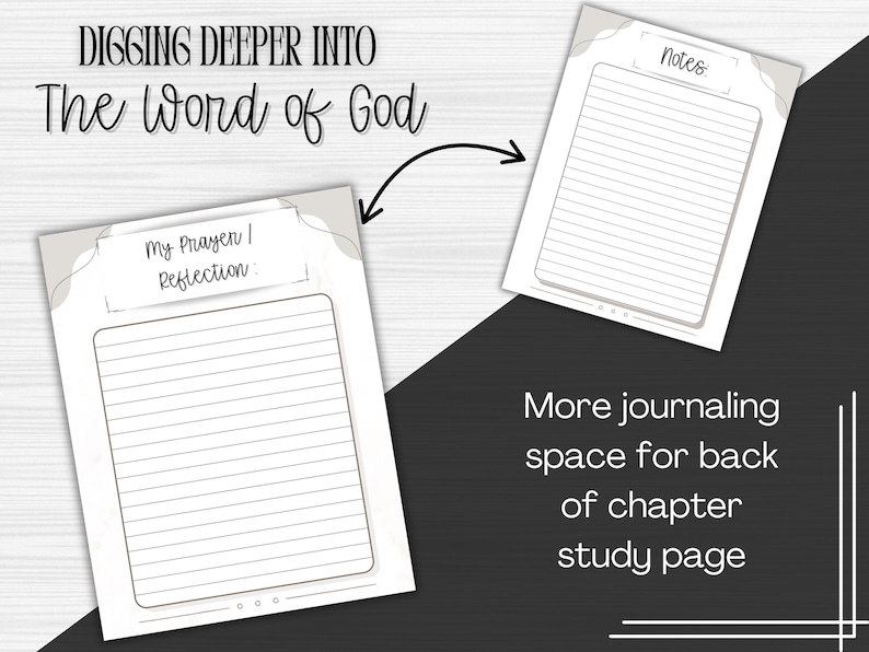 May include: Two open journal pages with lined paper are shown, one labeled "My Prayer / Reflection" and the other "Notes." The text "DIGGING DEEPER INTO The Word of God" is at the top. The image also includes the text "More journaling space for back of chapter study page."