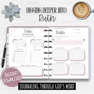 May include: A pink and white open journal with the title "Ruth" and the text "Digging Deeper Into Ruth". The journal includes sections for notes, overviews, and journaling prompts. A pen, succulent, and coffee cup are also visible.