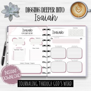 May include: A pink and white journal with the title "Isaiah" and the text "Digging Deeper Into Isaiah". The journal includes sections for notes, chapter summaries, and reflection questions. A cup of coffee and a succulent are also in the image.