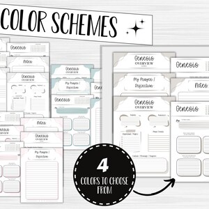 May include: A collection of printable planner pages in four color schemes. The pages include sections for Genesis overview, notes, and reflection. The text "COLOR SCHEMES" and "4 COLORS TO CHOOSE FROM" are visible.