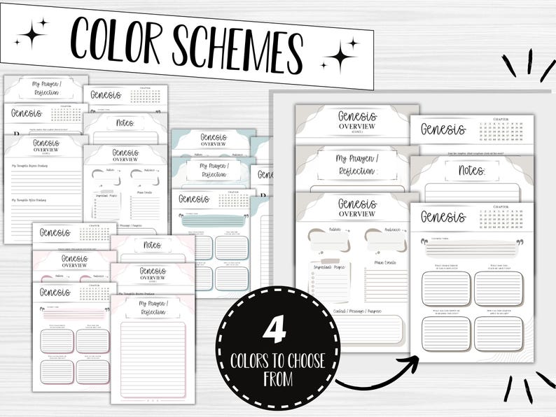 May include: A collection of printable planner pages in four color schemes. The pages include sections for Genesis overview, notes, and reflection. The text "COLOR SCHEMES" and "4 COLORS TO CHOOSE FROM" are visible.