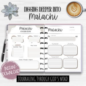 May include: A digital planner spread with the title "Malachi" and the text "Digging Deeper Into Malachi." The planner includes sections for notes, overview, and journaling. A cup of coffee and a succulent are in the background. The words "Instant Download" are also visible.