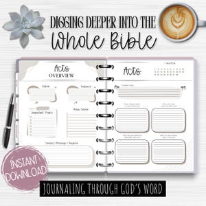 Könnte beinhalten: Eine druckbare Bibelstudien-Journalseite mit dem Titel "Digging Deeper into the Whole Bible" und einem Abschnitt für "Apostelgeschichte" mit Überschriften für "Autor", "Zielgruppe", "Hauptereignisse", "Wichtige Personen" und "Inhalt/Botschaft/Zweck".