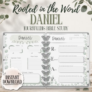 May include: A digital journaling Bible study planner for the book of Daniel, featuring a two-page layout with eucalyptus leaf accents. The text includes Rooted in the Word, DANIEL, JOURNALING BIBLE STUDY, and an INSTANT DOWNLOAD badge.