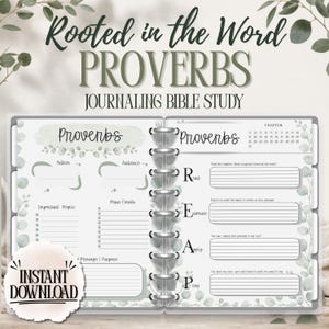 May include: A digital Bible study journal page titled Rooted in the Word PROVERBS JOURNALING BIBLE STUDY. The layout features sections for Author, Audience, Important People, Main Events, and a REAP method section with lined spaces for notes.