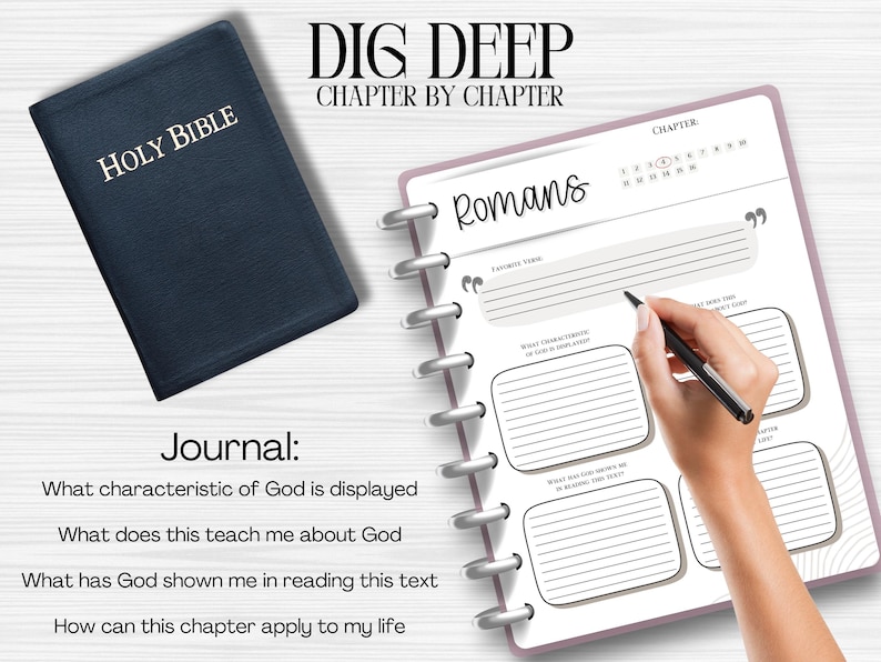 May include: A dark blue Holy Bible next to a spiral-bound journal with the word "Romans" on the page. The journal has prompts for reflection. The text "DIG DEEP CHAPTER BY CHAPTER" is at the top.