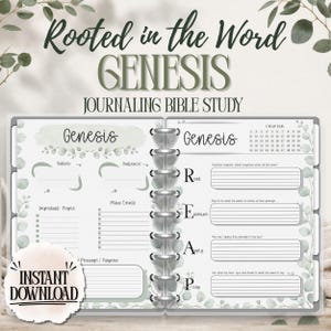 May include: A spiral-bound journal with the title "Rooted in the Word GENESIS JOURNALING BIBLE STUDY." The journal has a light green and white color scheme with floral accents. The words "Instant Download" are also visible.