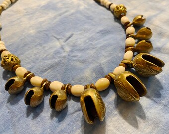 Shaman Bell necklace India Brass Clam Bells, African Brass, Bone Beads (001693)