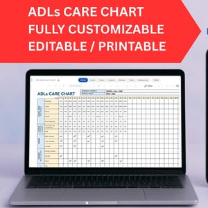 Peut inclure: Un ordinateur portable et une tablette affichent un tableau de soins ADLs, un fichier Microsoft Word personnalisable et imprimable. Le tableau comprend des sections pour diverses évaluations de soins.