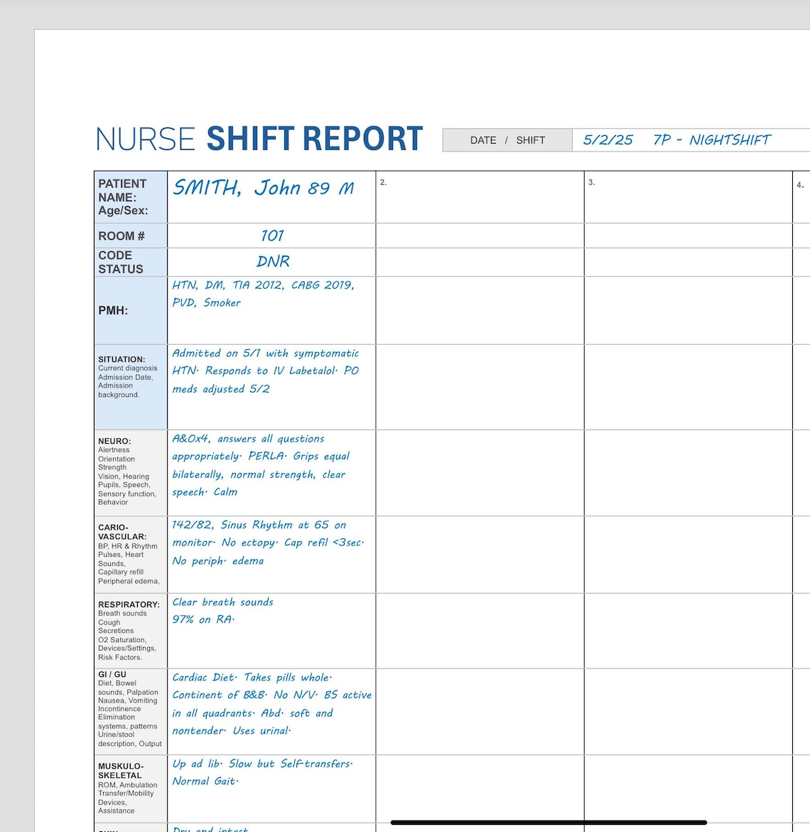 Nurse Shift Report Printable PDF Essential Basic Template 4 Patient ...