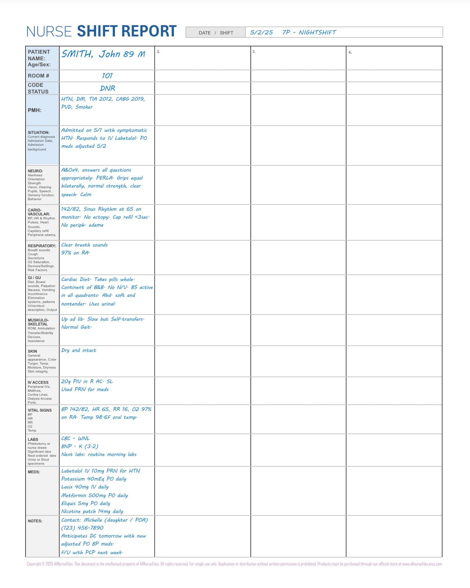 Nurse Shift Report Printable PDF Essential Basic Template 4 Patient ...