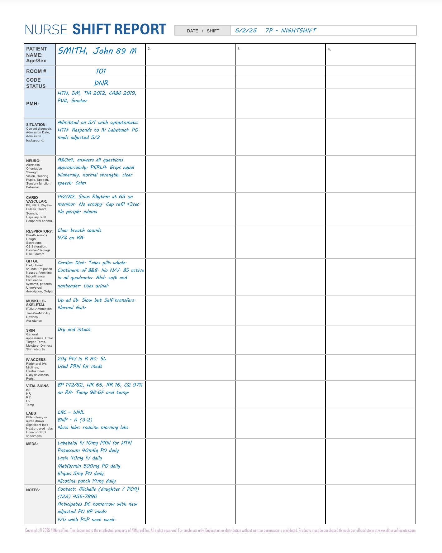 Nurse Shift Report Printable PDF Essential Basic Template 4 Patient ...