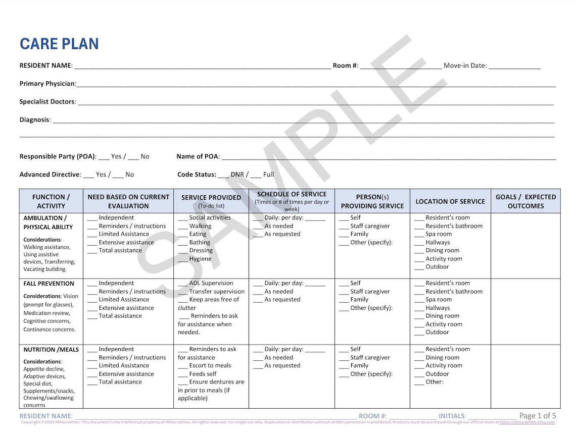 Care Plan Template for Nursing Home, Assisted Living, Printable PDF - Etsy
