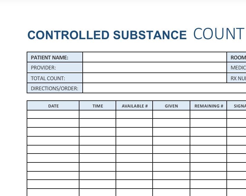 Controlled Substance Count Log – Printable Medication Tracking Form for Healthcare Settings
