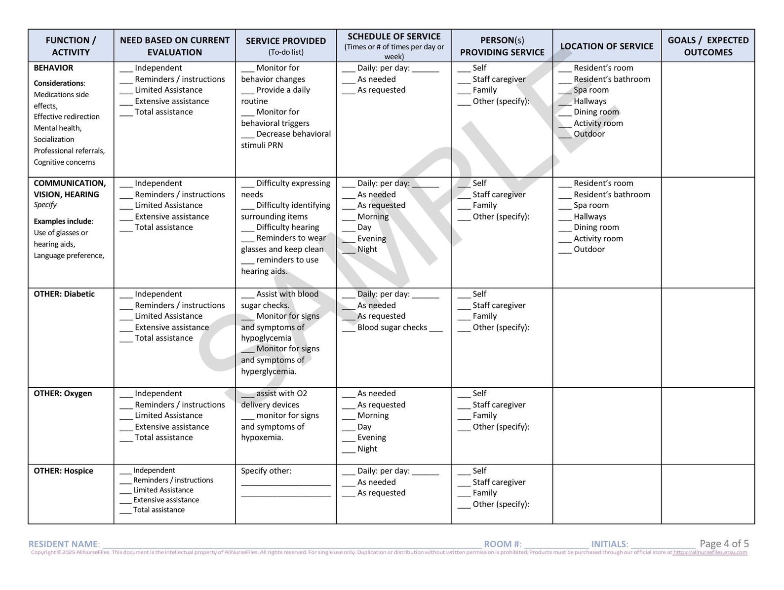 Care Plan Template for Nursing Home, Assisted Living, Printable PDF - Etsy