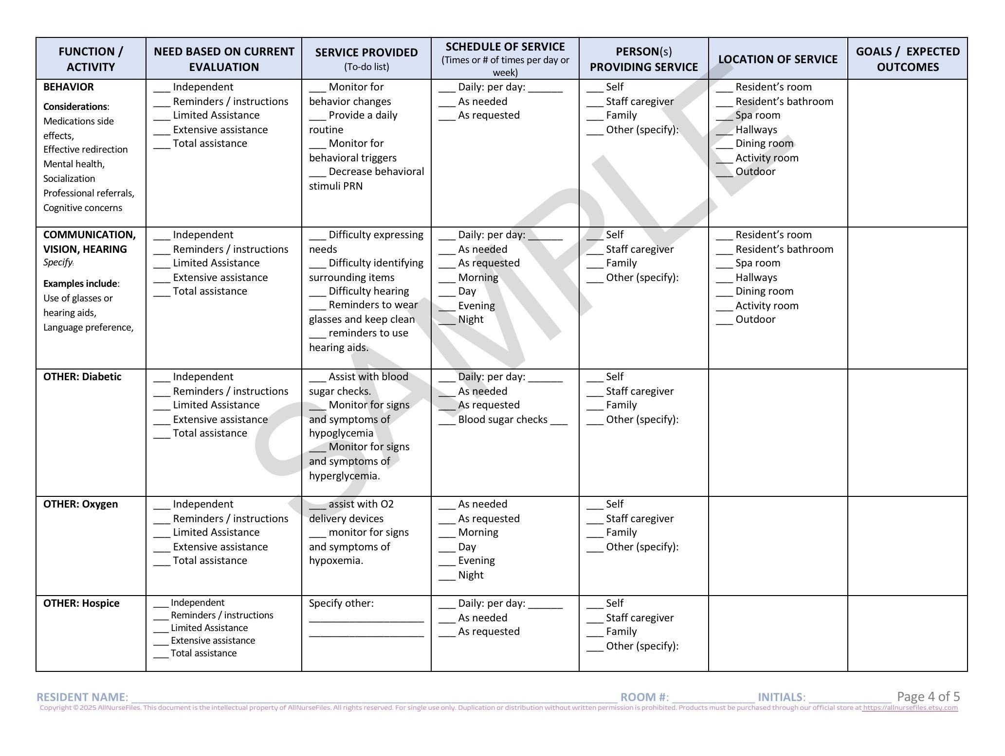 Care Plan Template for Nursing Home, Assisted Living, Printable PDF - Etsy