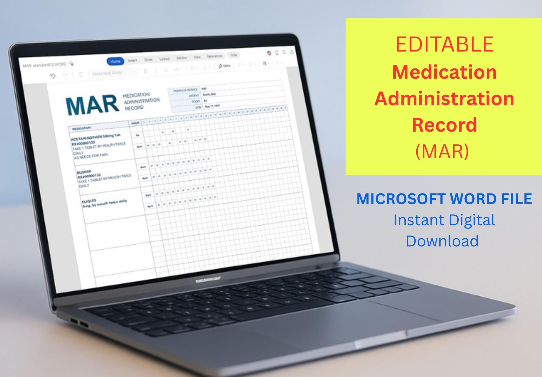 Medication Administration Record (MAR) EDITABLE Template - Instant ...
