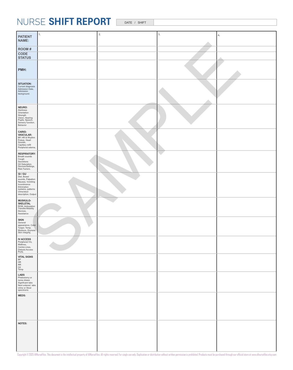 Nurse Shift Report Printable PDF Essential Basic Template 4 Patient ...