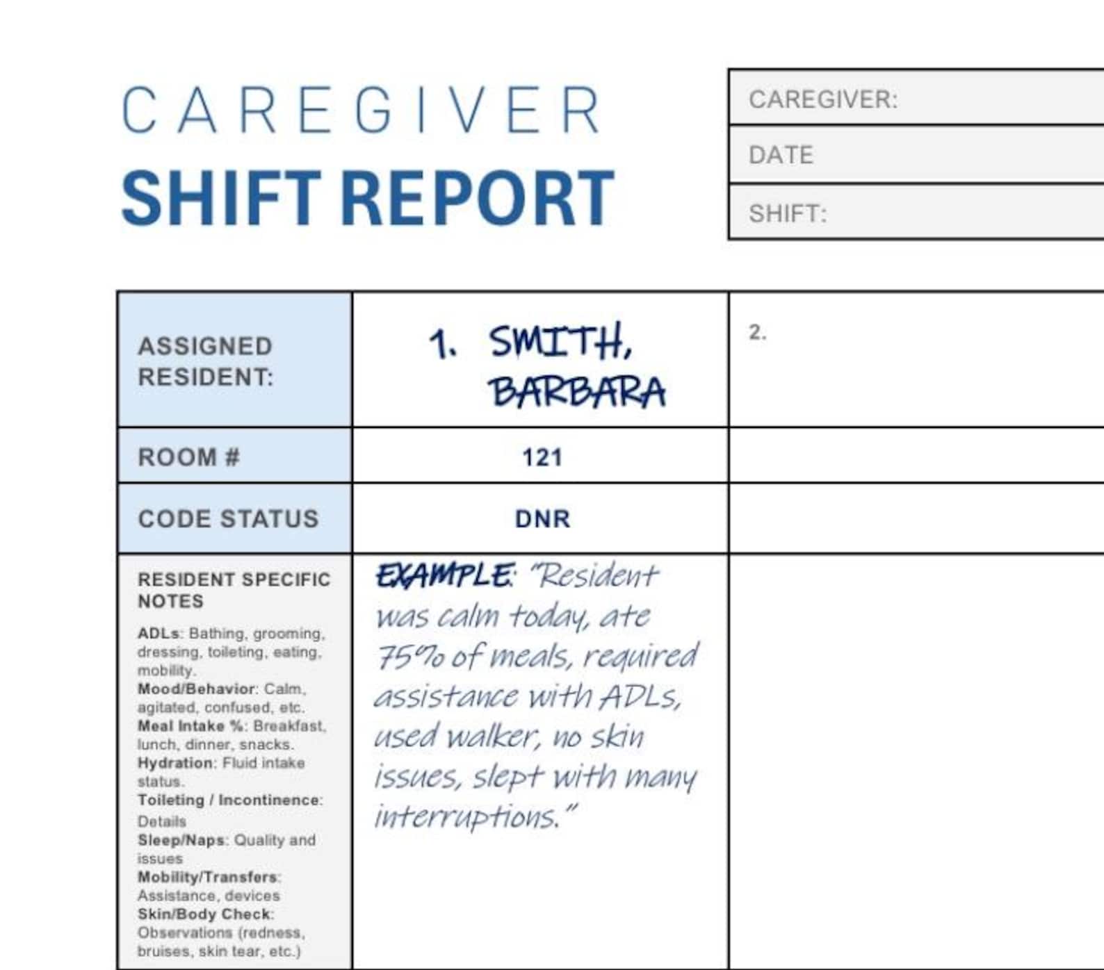 Caregiver CNA Shift Report EDITABLE Customizable Printable Handoff