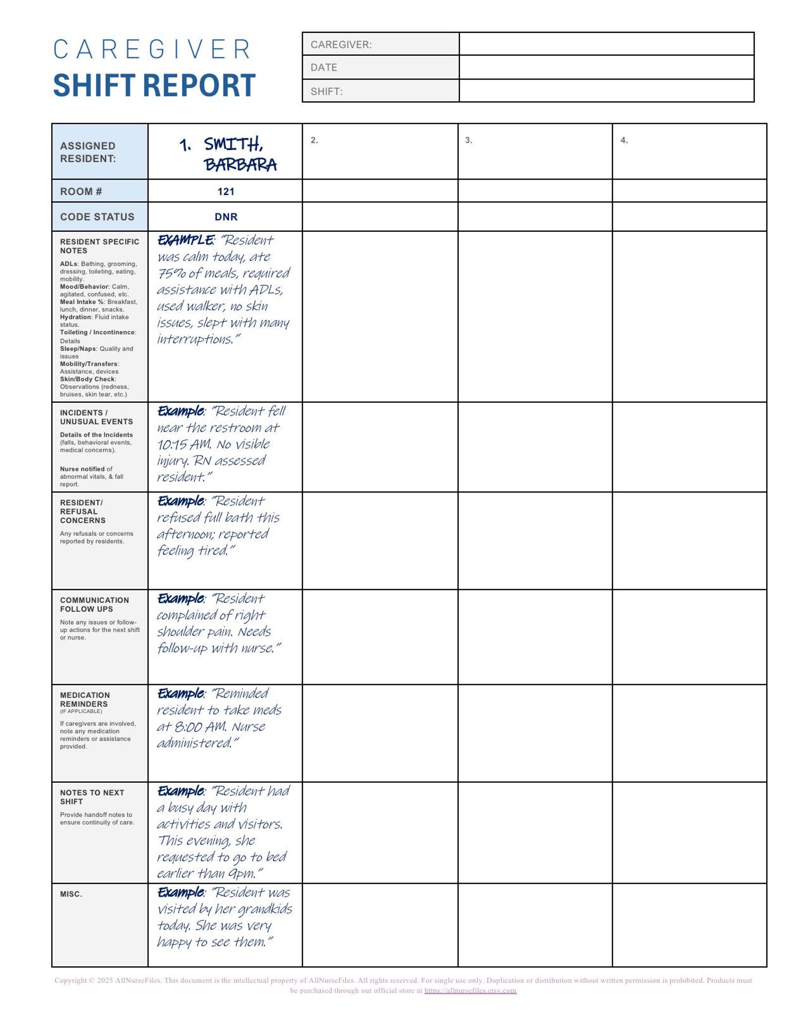 Shadow Shift Form.pdf Caregiver Shift Report 4 Patient Template, Printable PDF File, - Etsy