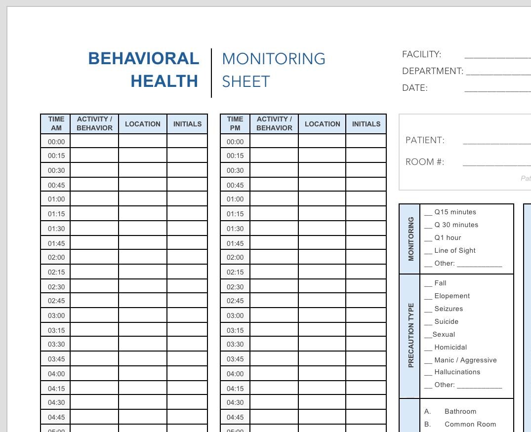 Printable PDF Behavioral Health Monitoring Sheet / Patient Observation ...