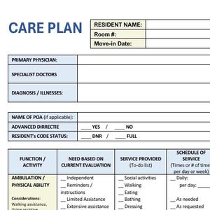 Essential Care Plans (portrait formate) for Senior Living communities: A Ready-to-Use Template