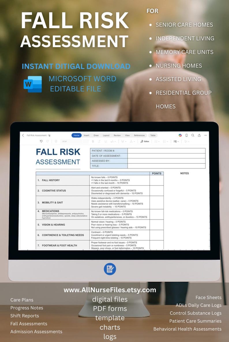 Fall Risk Assessment Nursing Form: EDITABLE Template (instant Digital ...