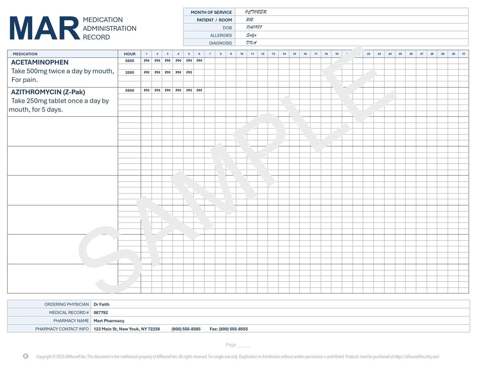 Medication Administration Record (MAR) PRINTABLE Template for Nursing ...