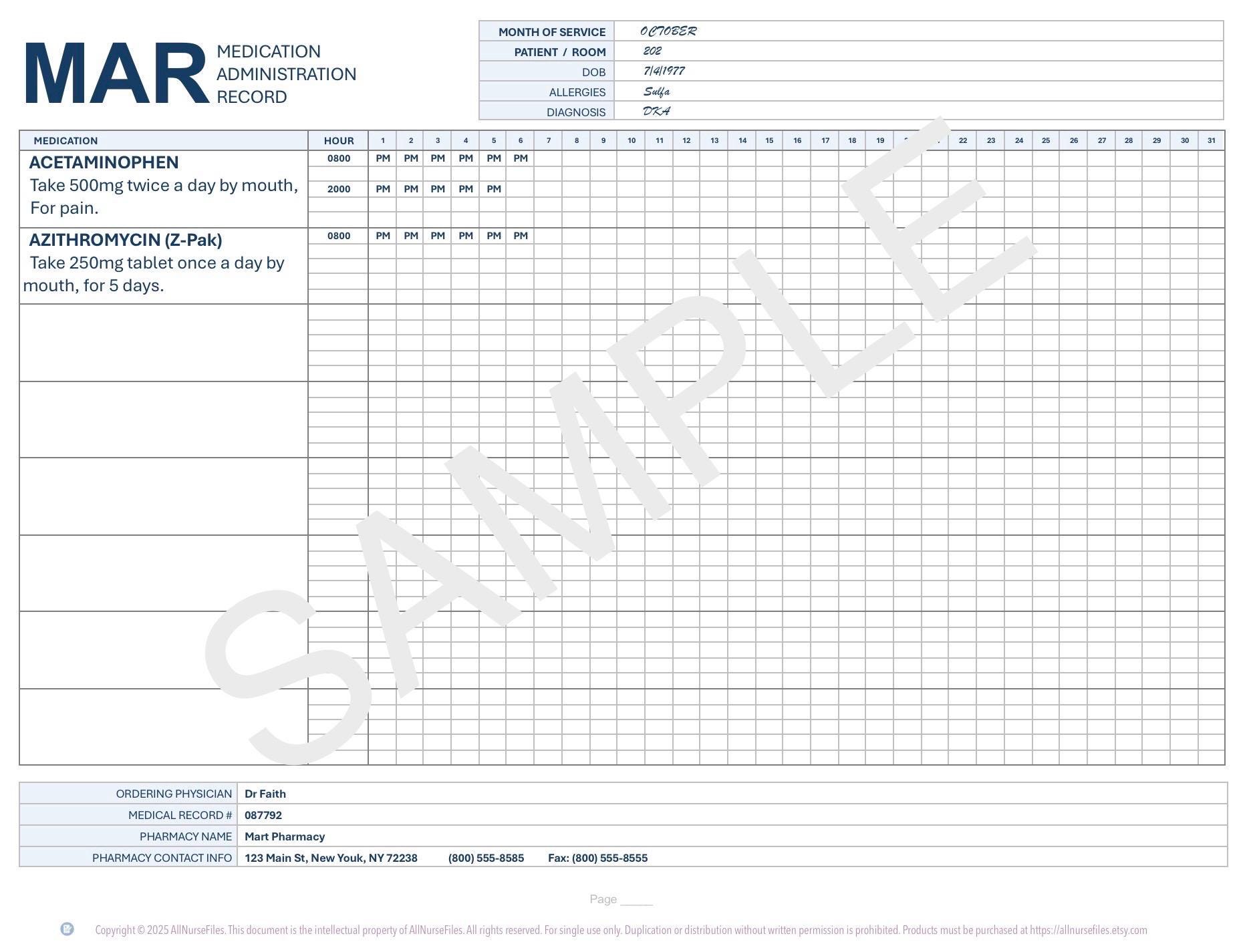 Medication Administration Record (MAR) PRINTABLE Template for Nursing ...