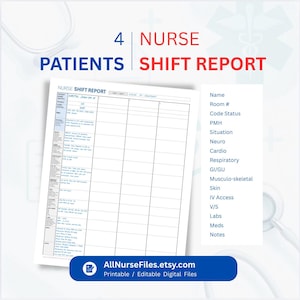 May include: A printable nurse shift report with sections for patient information. The document includes fields for name, room number, code status, and more. The title reads "4 Nurse Patients Shift Report". The Etsy shop name and website are visible at the bottom.