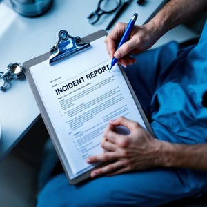 Op de afbeelding: Een persoon vult een formulier met de tekst "Incident Report" in met een blauwe pen. Het formulier bevindt zich op een clipboard met een witte achtergrond.