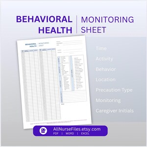 Printable PDF Behavioral Health Monitoring Sheet / Patient Observation Tracker Sheet for Senior Care Documentation