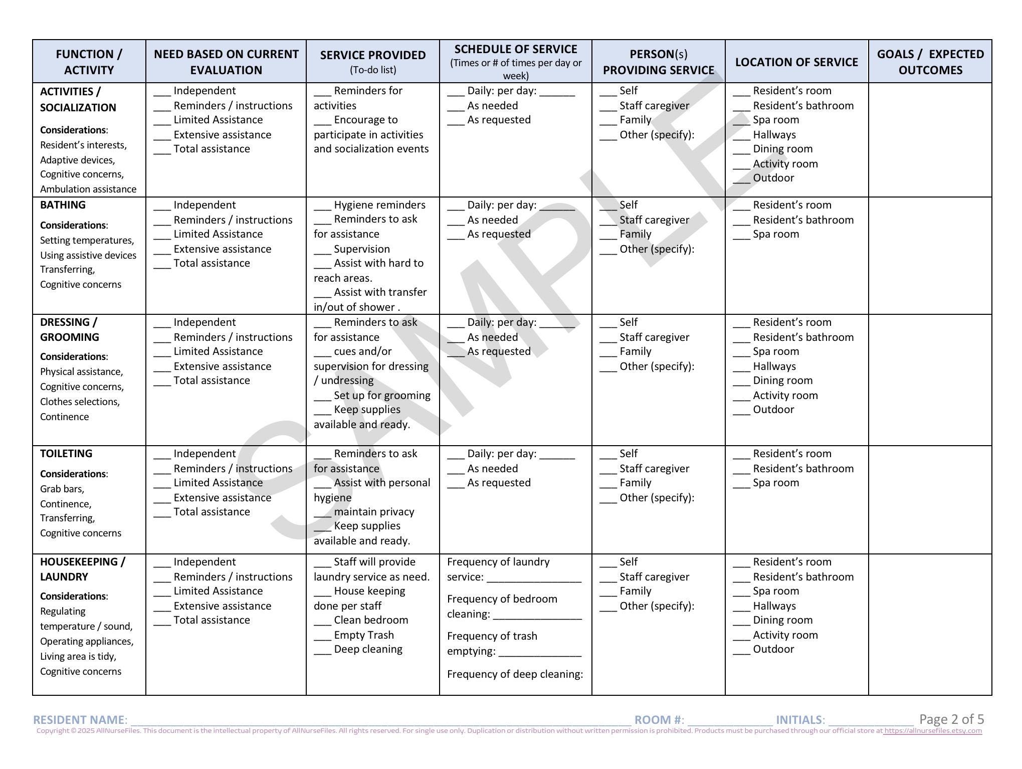 Care Plan Template for Nursing Home, Assisted Living, Printable PDF - Etsy